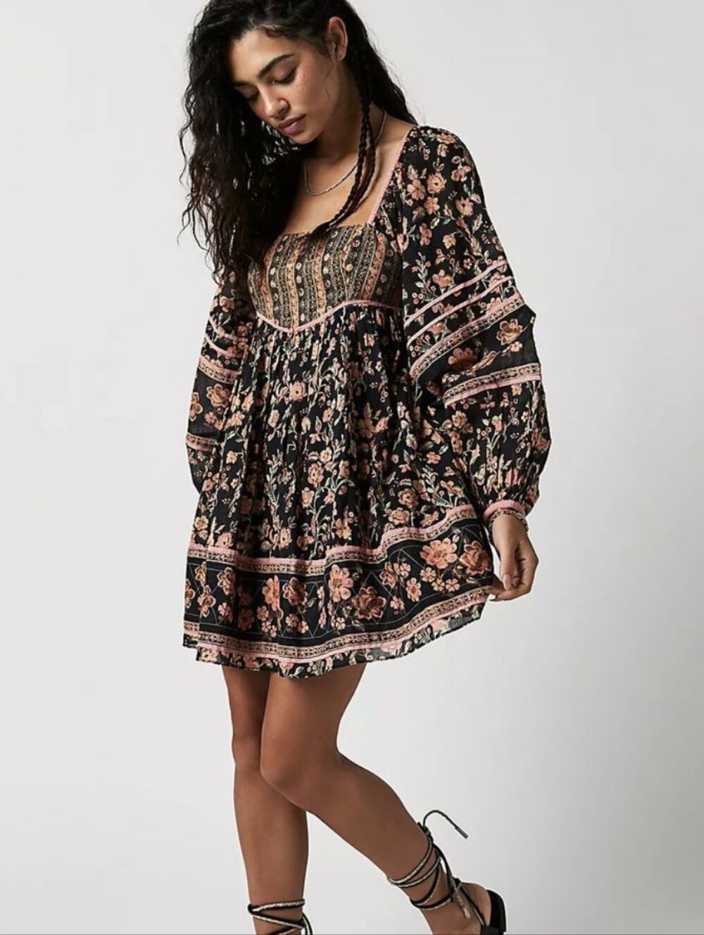 Free People Black Floral Smocked Balloon Sleeve Pocket Mini Dress NWT Size S